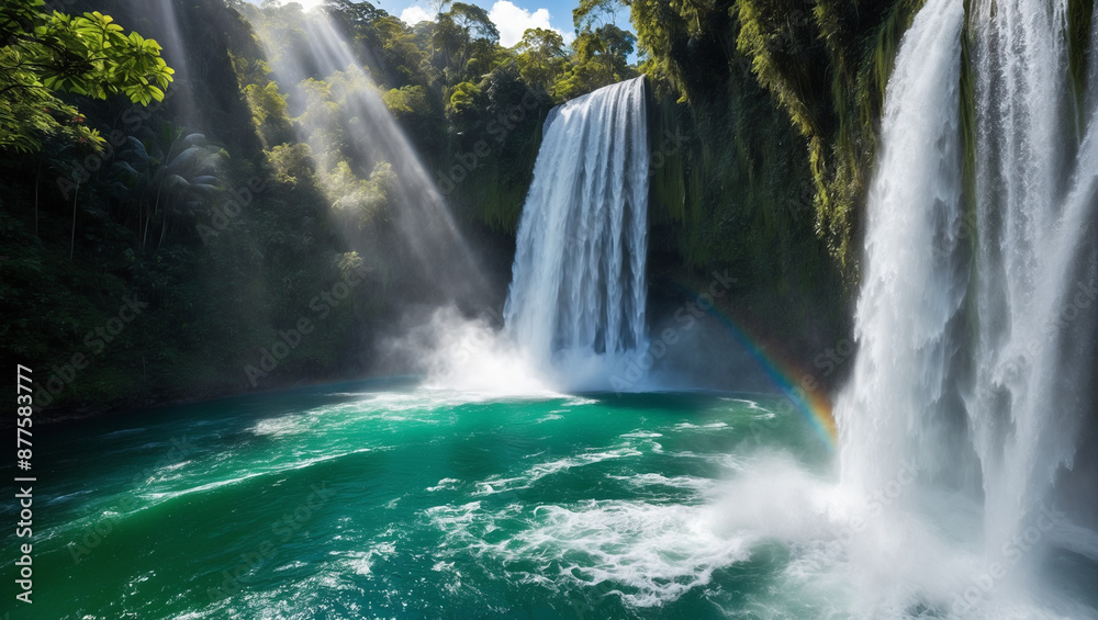 Majestic Waterfall with Rainbow in Lush Tropical Forest Majestic Waterfall with Rainbow in Lush Tropical Forest