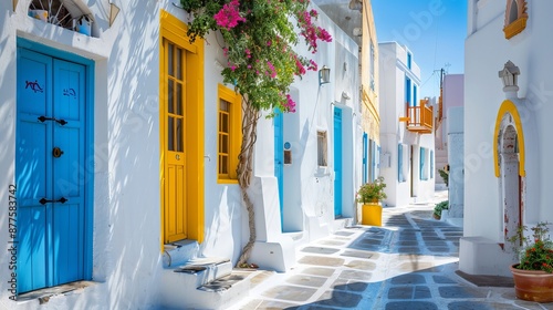 Fototapeta Naklejka Na Ścianę i Meble -  The streets of Cyclades, Greece feature classic Greek architecture.