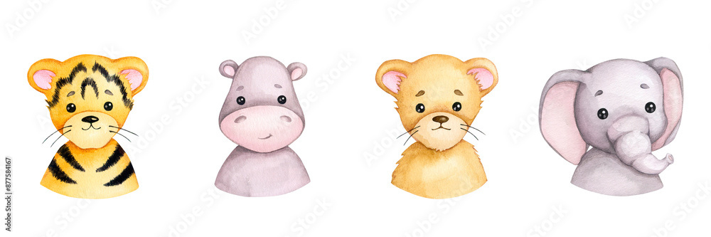 Cute watercolor animals. Set of children's illustrations on the theme of safari, Africa, tropics, zoo. Baby tiger, baby elephant, baby hippo, baby lion. Baby shower, birthday, children's party. Cute watercolor animals. Set of children's illustrations on the theme of safari, Africa, tropics, zoo. Baby tiger, baby elephant, baby hippo, baby lion. Baby shower, birthday, children's party.