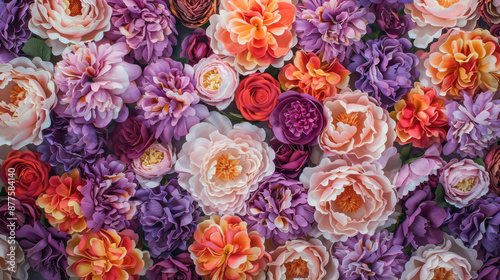 colorful purple, orange, and pink peony floral arrangement for vibrant event backdrops