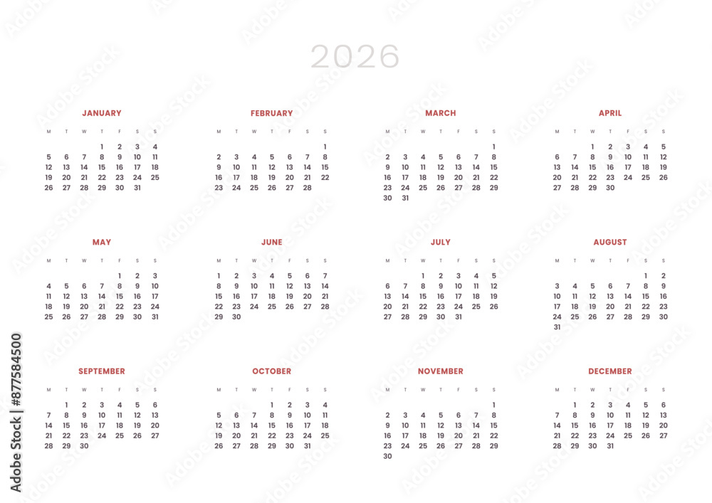 2026 Annual Calendar template. Vector layout of a wall or desk simple calendar with week start Monday. Page for size A4 or 21x29.7 2026 Annual Calendar template. Vector layout of a wall or desk simple calendar with week start Monday. Page for size A4 or 21x29.7