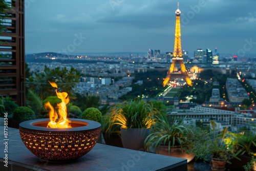 Illuminated flame with a blurred, lit up Eiffel Tower and Paris skyline in the background, captured during the evening. AI generated. photo