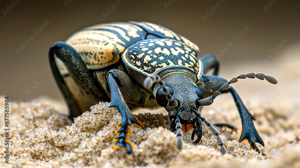 Macro shot of patterned beetle on sandy surface with vibrant colors and detailed texture
Macro shot of patterned beetle on sandy surface with vibrant colors and detailed texture