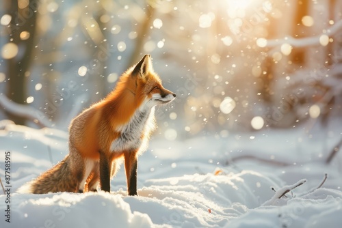 A majestic red fox stands amidst a sparkling snowy forest, illuminated by winter sunlight © Maksim