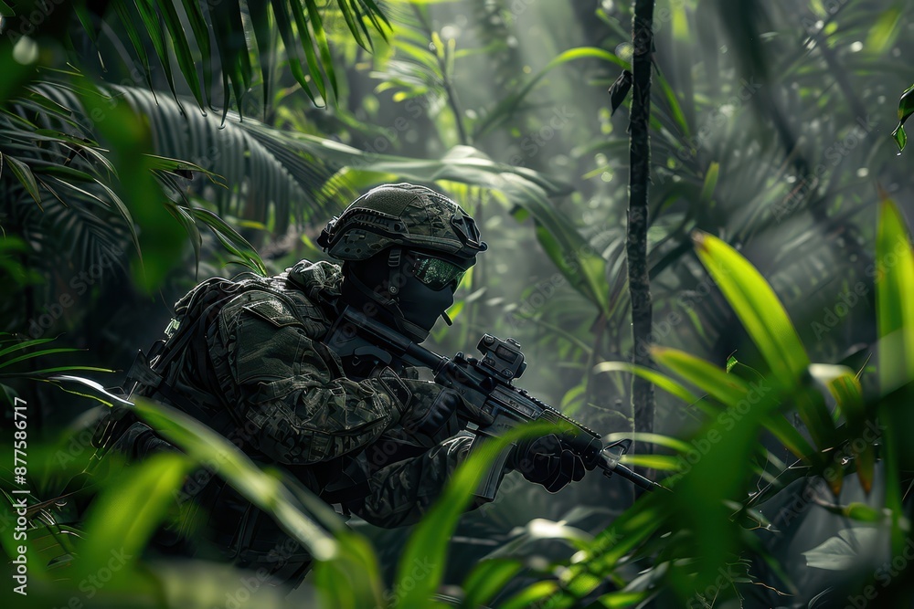 Camouflaged soldier in jungle, tactically geared and immersed in natural foliage Camouflaged soldier in jungle, tactically geared and immersed in natural foliage