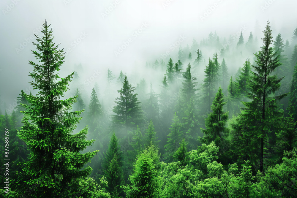 Fototapeta premium Enchanting Misty Forest Landscape for Tranquil Nature Background and Nature-Themed Design Project
