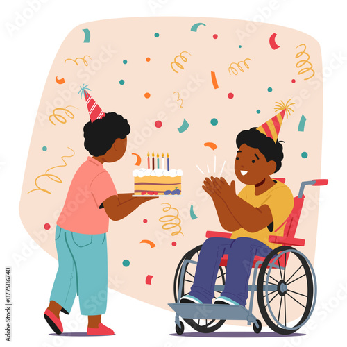 Cheerful Birthday Celebration Featuring Two Children, One Of Them In A Wheelchair. Kids Wearing Party Hats