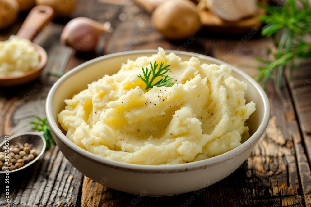 Creamy mashed potatoes seasoned with salt and pepper and garnished with fresh herbs Creamy mashed potatoes seasoned with salt and pepper and garnished with fresh herbs