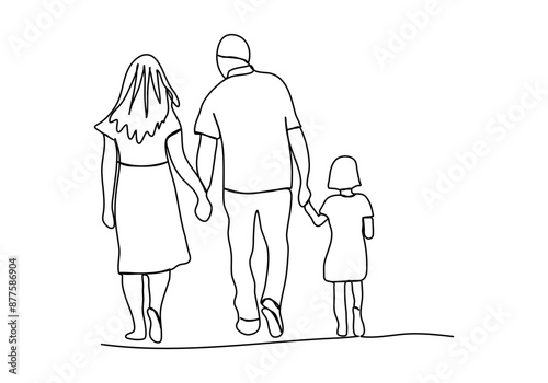 Happy family walks together. One line drawing vector illustration.