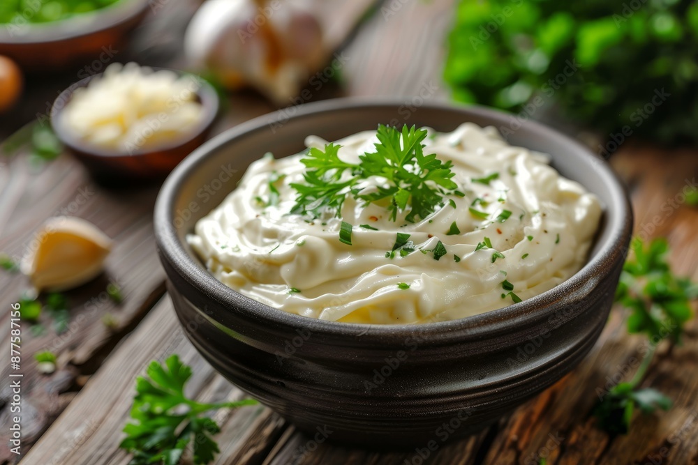 Delicious garlic sauce seasoned with fresh herbs and spices, perfect for dipping or spreading Delicious garlic sauce seasoned with fresh herbs and spices, perfect for dipping or spreading