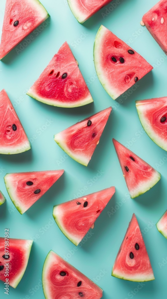 Watermelon slices arranged on a blue background Watermelon slices arranged on a blue background