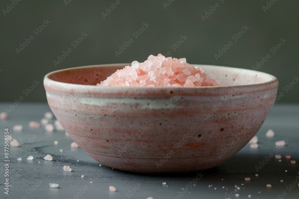 Himalayan pink salt crystals spilling from a pink ceramic bowl on a grey background Himalayan pink salt crystals spilling from a pink ceramic bowl on a grey background