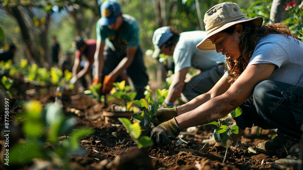 woman planting tree sapling in forest, concept of reforestation and environment conservation woman planting tree sapling in forest, concept of reforestation and environment conservation
