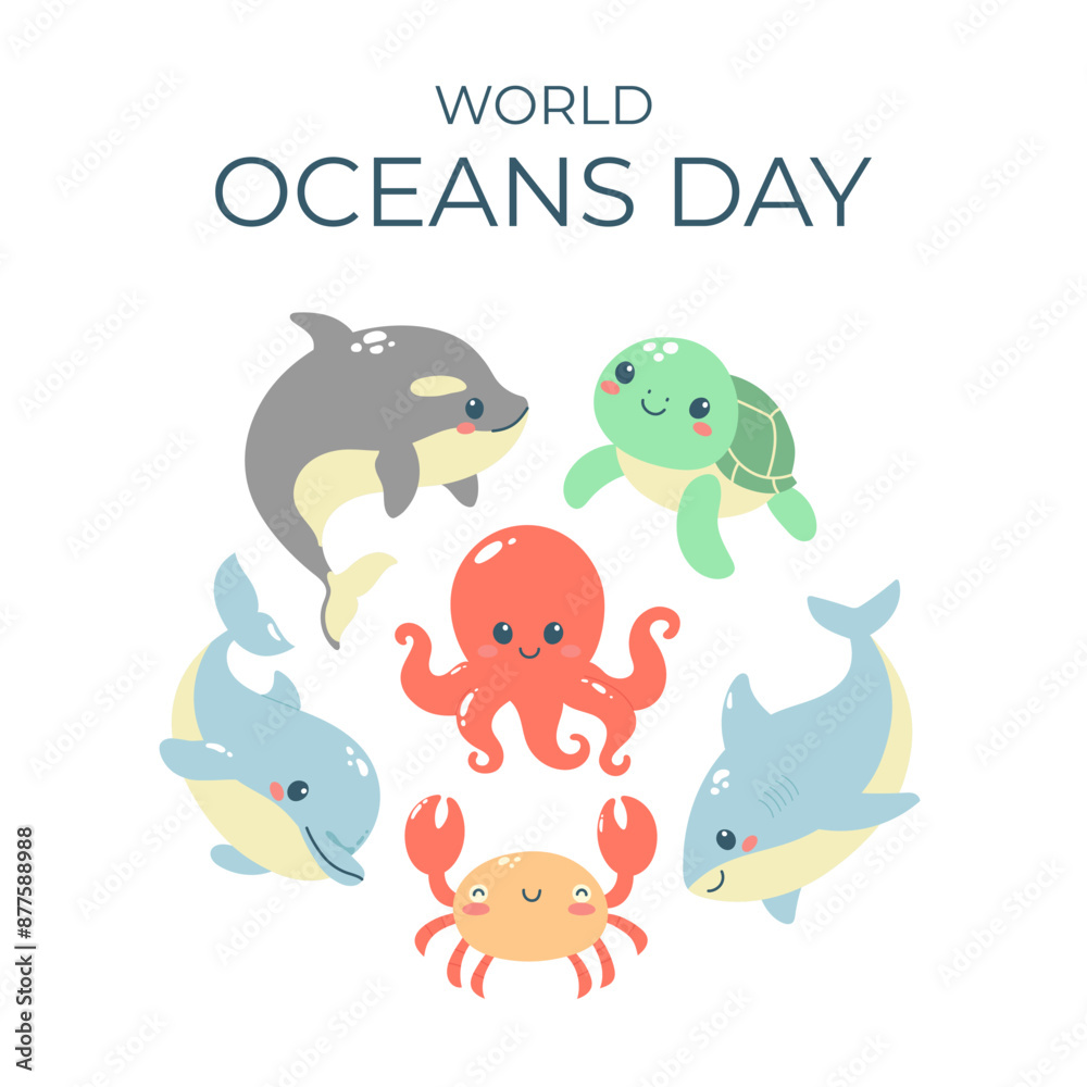 World oceans day template with cute ocean animals. Template for postcard, poster, banner, social media. Vector illustration World oceans day template with cute ocean animals. Template for postcard, poster, banner, social media. Vector illustration