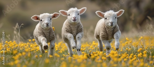 Three Adorable Lambs Frolicking in a Field of Yellow Flowers