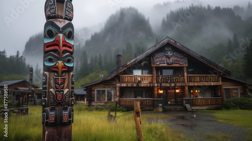 Wooden house with totem pole in front of green field, foggy mountains in background photo