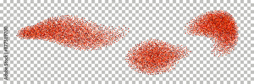 Spice powder splash. Chilli, red pepper, paprika. Spicy wave splatter; seasoned dynamic ground burst. Vector isolated on transparent background, top view.