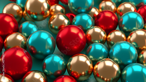 Generative AI. Abstract background of red and gold metallic spheres, 3d rendering. Background with golden metal balls in turquoise color