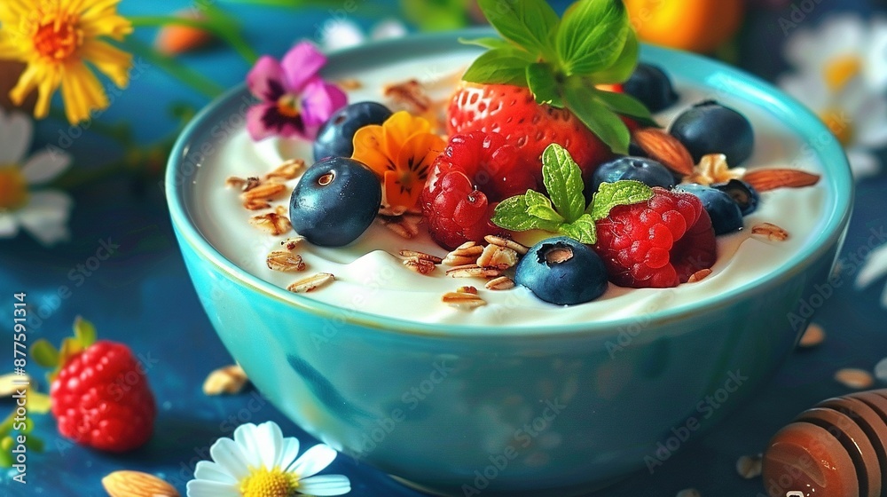   A bowl of yogurt topped with mixed berries, almonds, and fresh mint
