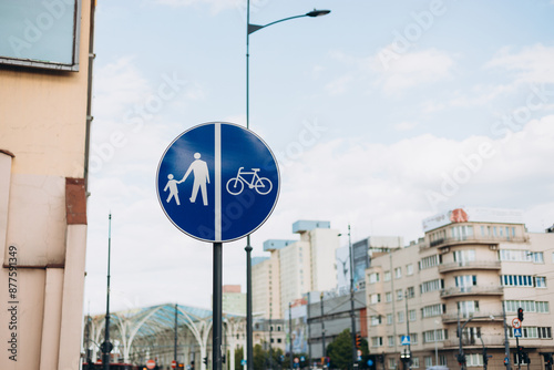 Pedestrian bicycle sign, road bike cycle. Walk path lane safety traffic, city track sidewalk signboard route street. Road signs and information boards on the streets of the city photo