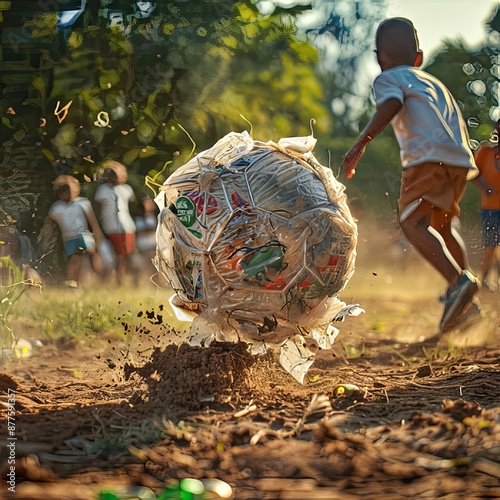 A group of children are happily playing with a makeshift soccer ball made from plastic bags and waste in nature. Its a fun and recreational adaptation using natural materials for leisure and sports