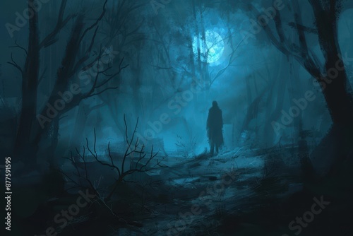 Mysterious figure shrouded in fog under the haunting glow of a full moon in a dark forest