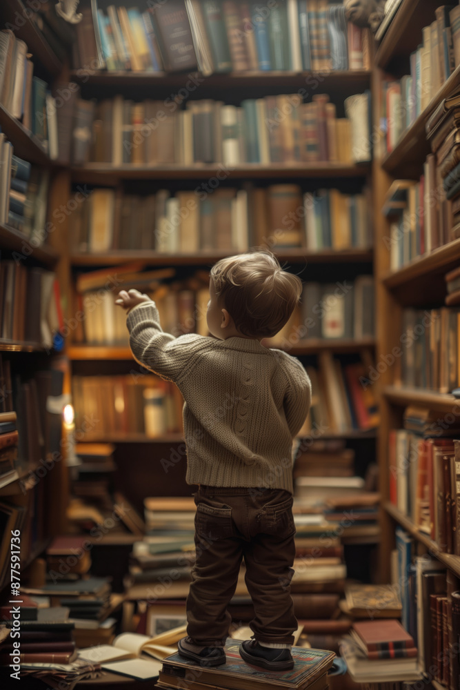 A Boy's Reach for Literary Heights in a Dusty Library A Boy's Reach for Literary Heights in a Dusty Library
