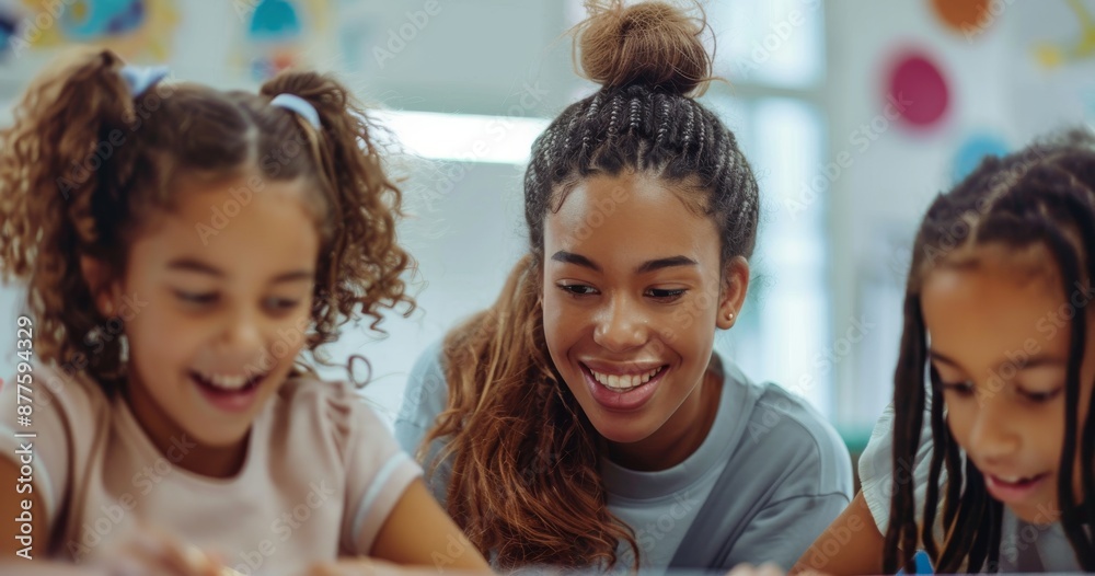 Female teacher helping two young girls with a classroom activity Female teacher helping two young girls with a classroom activity