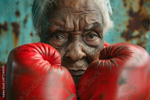 Determined senior woman wearing boxing gloves, showing her fighting spirit and resilience