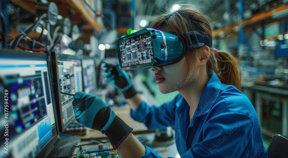 Female technician using virtual reality headset for augmented reality work in high-tech manufacturing facility Female technician using virtual reality headset for augmented reality work in high-tech manufacturing facility