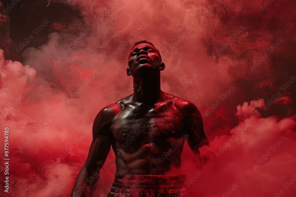 Muscular black male boxer with sweat and blood on his body is standing in red smoke