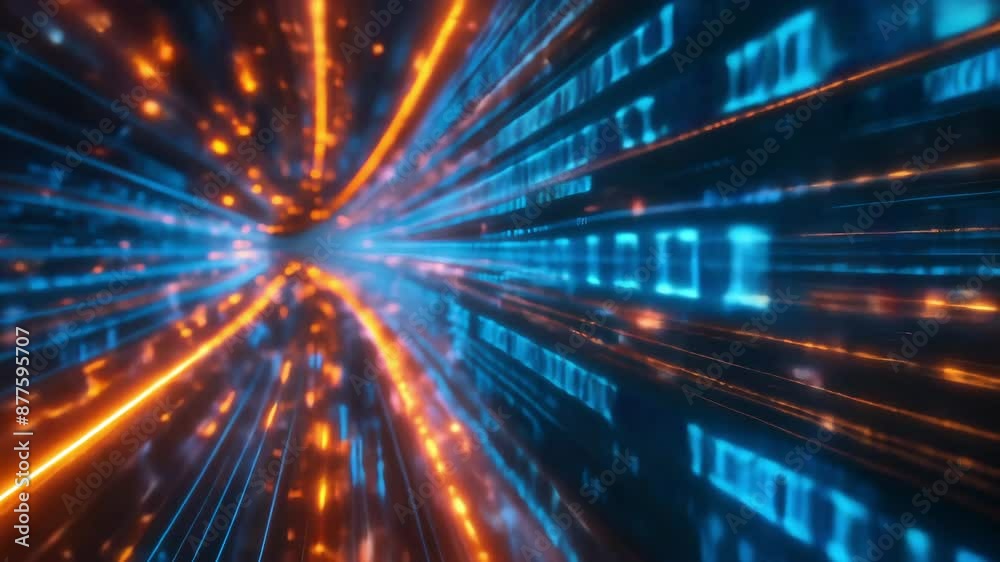 Abstract digital data stream with binary code and glowing lines, representing technology, internet, and information flow.