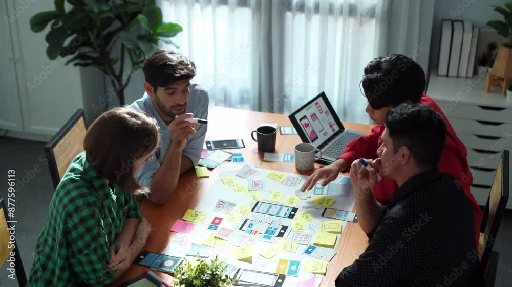 Top view of business team brainstorming idea by using mind map while ...