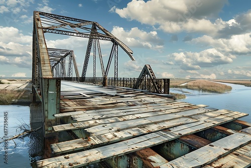 A bridge transforming from wooden planks to a modern steel structure, depicting infrastructural growth photo