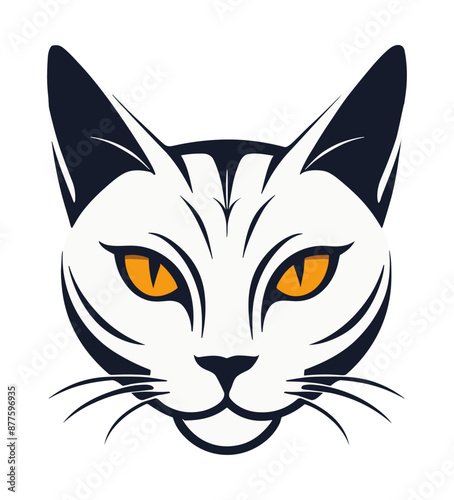 Cat black and white with yellow eyes, isolated for logo, symbol or emblem