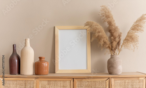 frame standing on a table near the wall. Scandinavian interior in beige colors. ceramic vase with small sheaf of ears of grain,. Beautiful hygge mockup and background for painting presentation