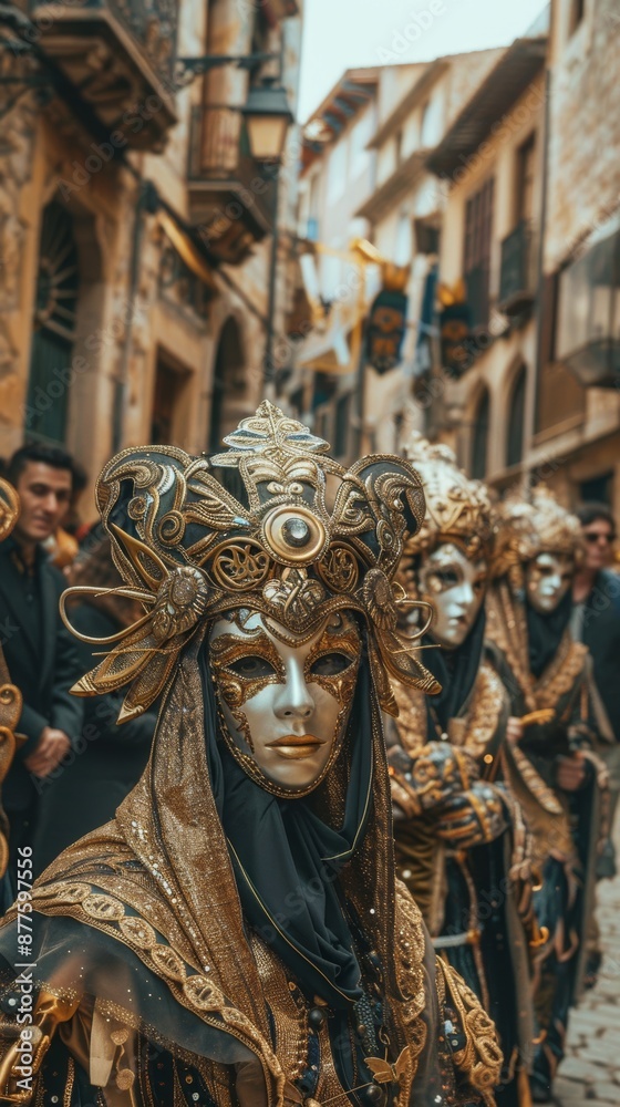 Actors in intricate, bright costumes and masks performing in an urban street setting Actors in intricate, bright costumes and masks performing in an urban street setting