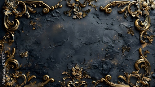 A luxurious black background framed with intricate gold filigree, exuding sophistication.