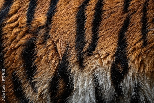 Explore the intricate details and captivating patterns of tiger fur in this high-resolution macro shot. Highlighting the prominent stripes and subtle color gradients photo