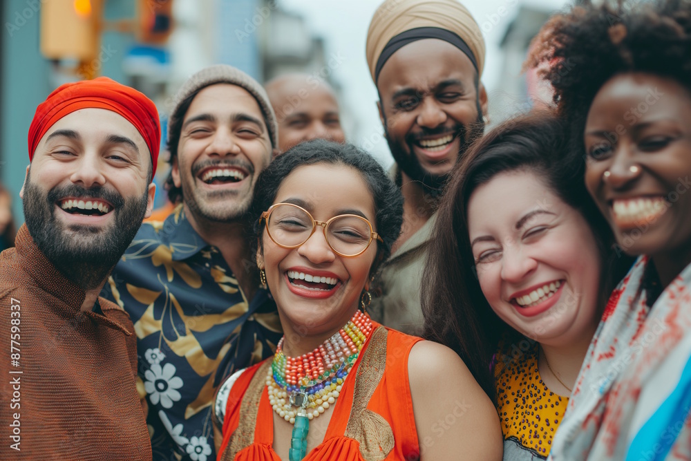 Group of diverse friends happily posing for a photo together at a street festival, celebrating their multicultural friendship and having a great time outdoors, perfect for illustrating social events Group of diverse friends happily posing for a photo together at a street festival, celebrating their multicultural friendship and having a great time outdoors, perfect for illustrating social events