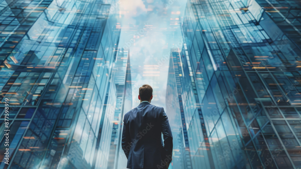 Fototapeta premium A man in a suit stands in front of a tall building, looking up at the sky