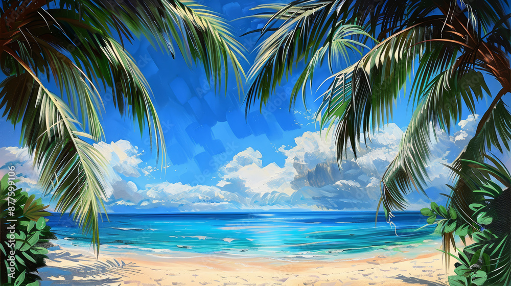 Fototapeta premium A painting of a beach with palm trees and a blue sky