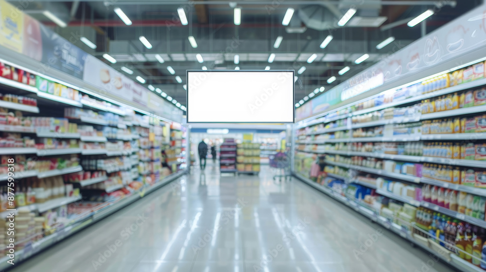 A large empty store aisle with a white sign in the middle A large empty store aisle with a white sign in the middle