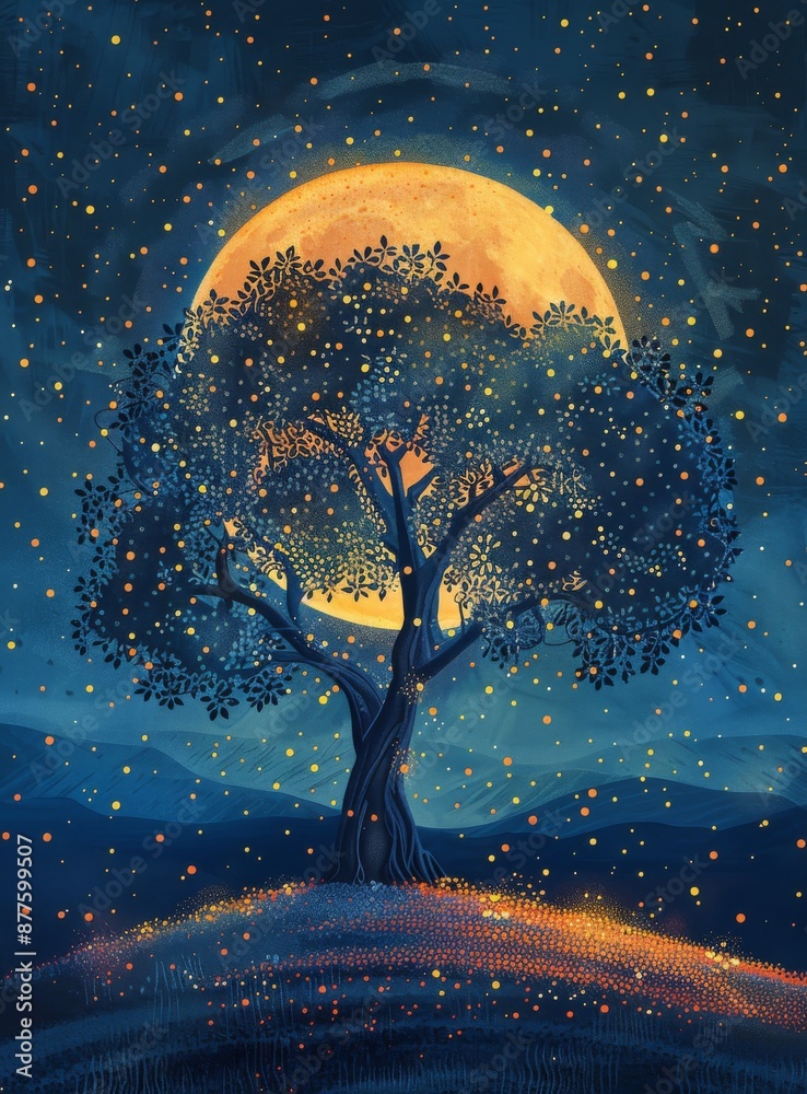 Enchanting tree silhouette against a full moon with magical night sky Enchanting tree silhouette against a full moon with magical night sky