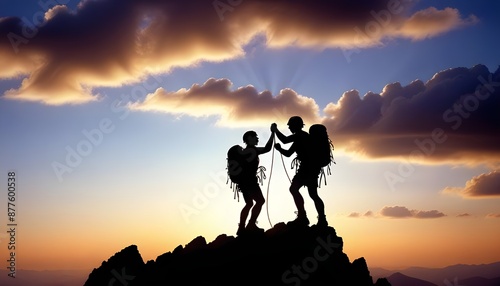 silhouette of the climber helping the other climber for reaching the top of mountain, cloudy sky at sunset time, copy space for text  © abu