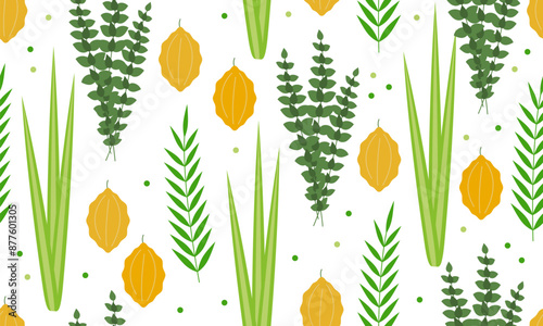 Seamless pattern with palm branch, willow and myrtle leaves, bright yellow etrog. Jewish festival Sukkot four species lulav and esrog. Perfect for wallpapers, pattern fills, surface textures, textile