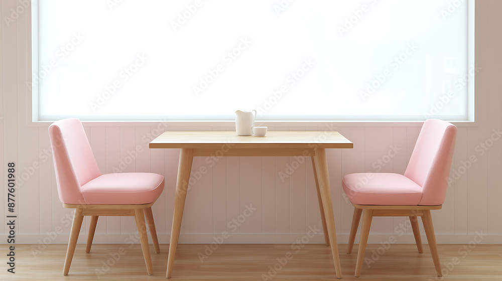 Fototapeta premium A minimalist dining room with pink chairs, a wooden table, and white accents, perfect for a modern home. 