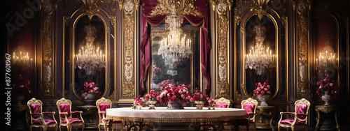 A luxurious, gold and crimson, royal dining room, evoking elegance and grandeur for a special occasion. 
