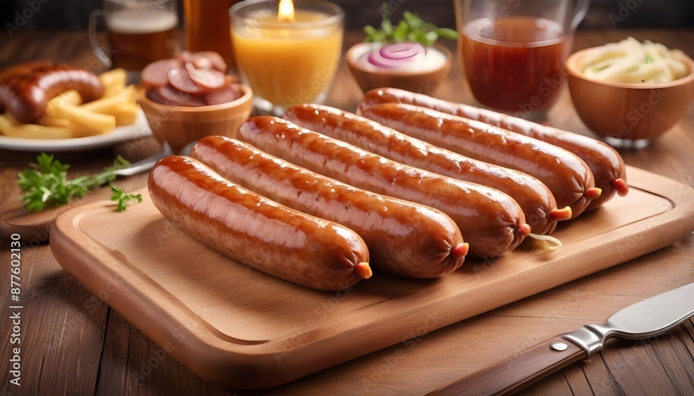 delicious Bratwurst Sausage at restaurant, ad shot, copy space for text delicious Bratwurst Sausage at restaurant, ad shot, copy space for text