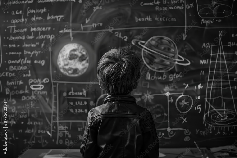 a boy looks at a board with a picture of a planet and rockets a boy looks at a board with a picture of a planet and rockets